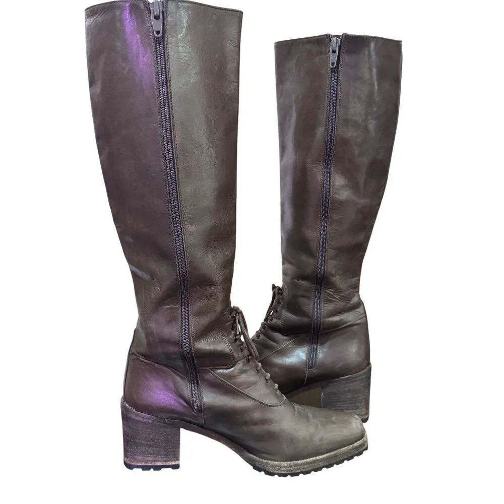 Armando Pollini Women's Brown Leather Zip&Tie Closure Block Heels Boots Size 39